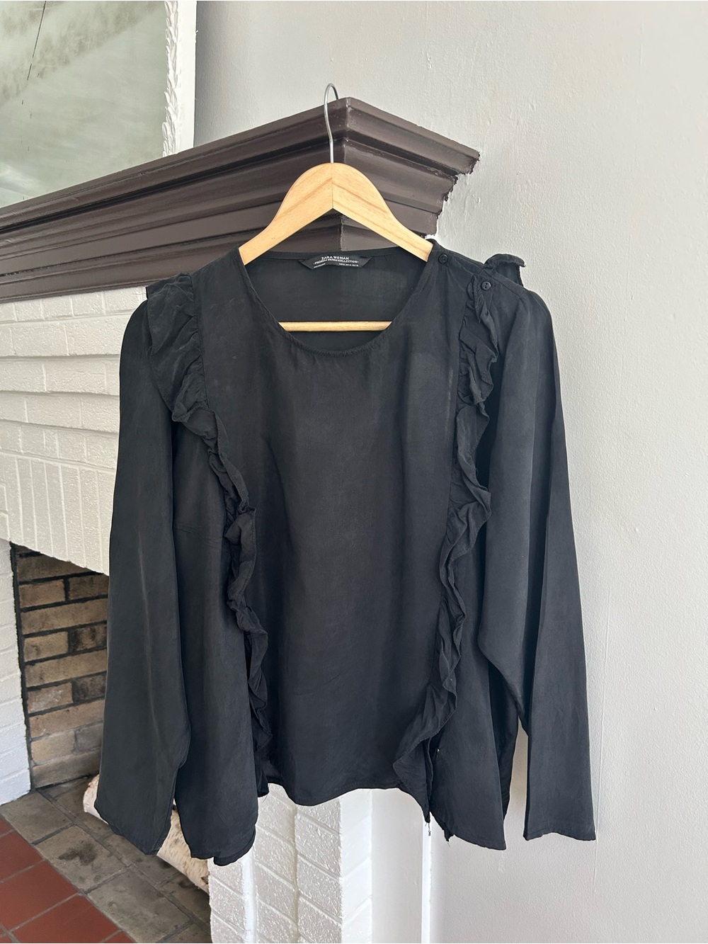 Zara Black Ruffle-Trim Long Sleeve Blouse